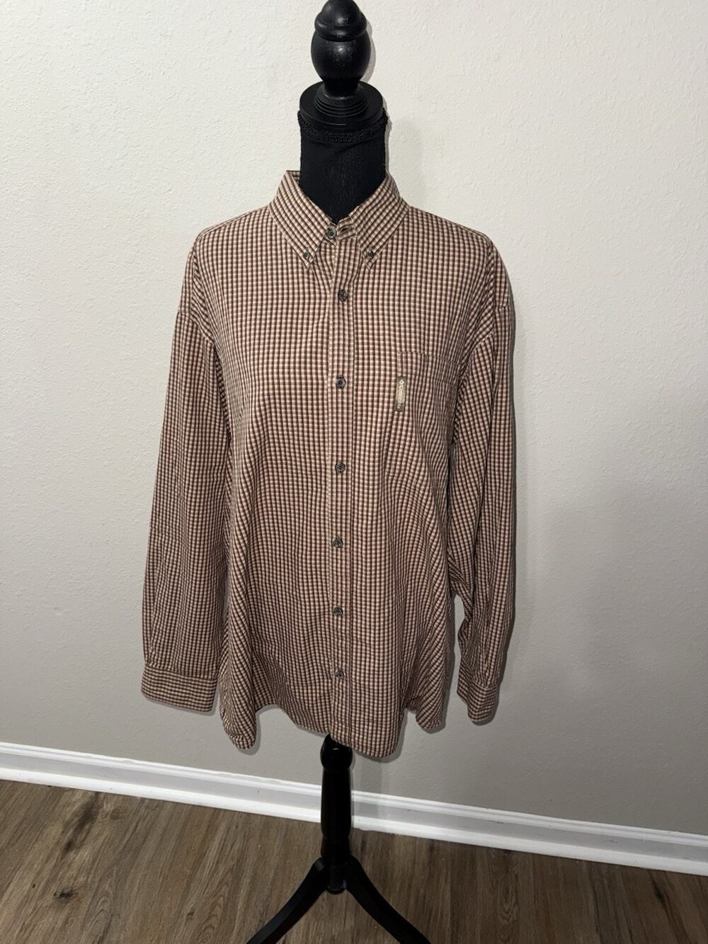 Columbia Mens Large Brown White Checkered Woven Button Front Shirt Hiking Trail